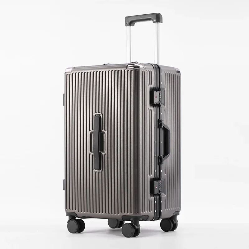 valise bagage roulante aluminium blanc violet grand capacité compartiment divisé roues bandes orange voyage étudiant