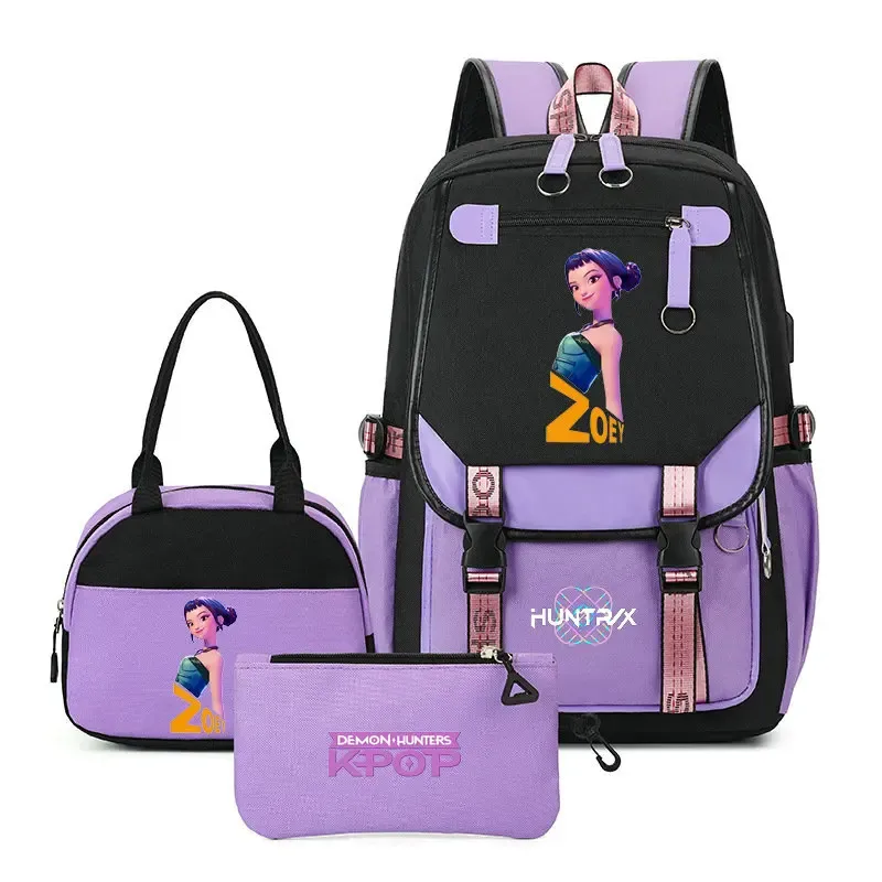 sac à dos kpop demon hunter pour adolescents, cartable de grande capacité, 3 pièces/ensemble avec sac à lunch pour femmes, étudiants, décontracté, confortable, pour voyage, mochilas