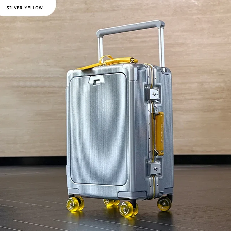 valise roulettes toupie poignée supérieure texture rugueuse couleur blanche accents violet doré usage voyage
