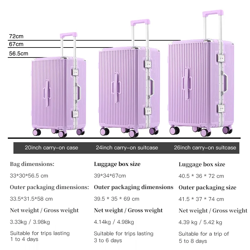 valise bagage roulante aluminium blanc violet grand capacité compartiment divisé roues bandes orange voyage étudiant