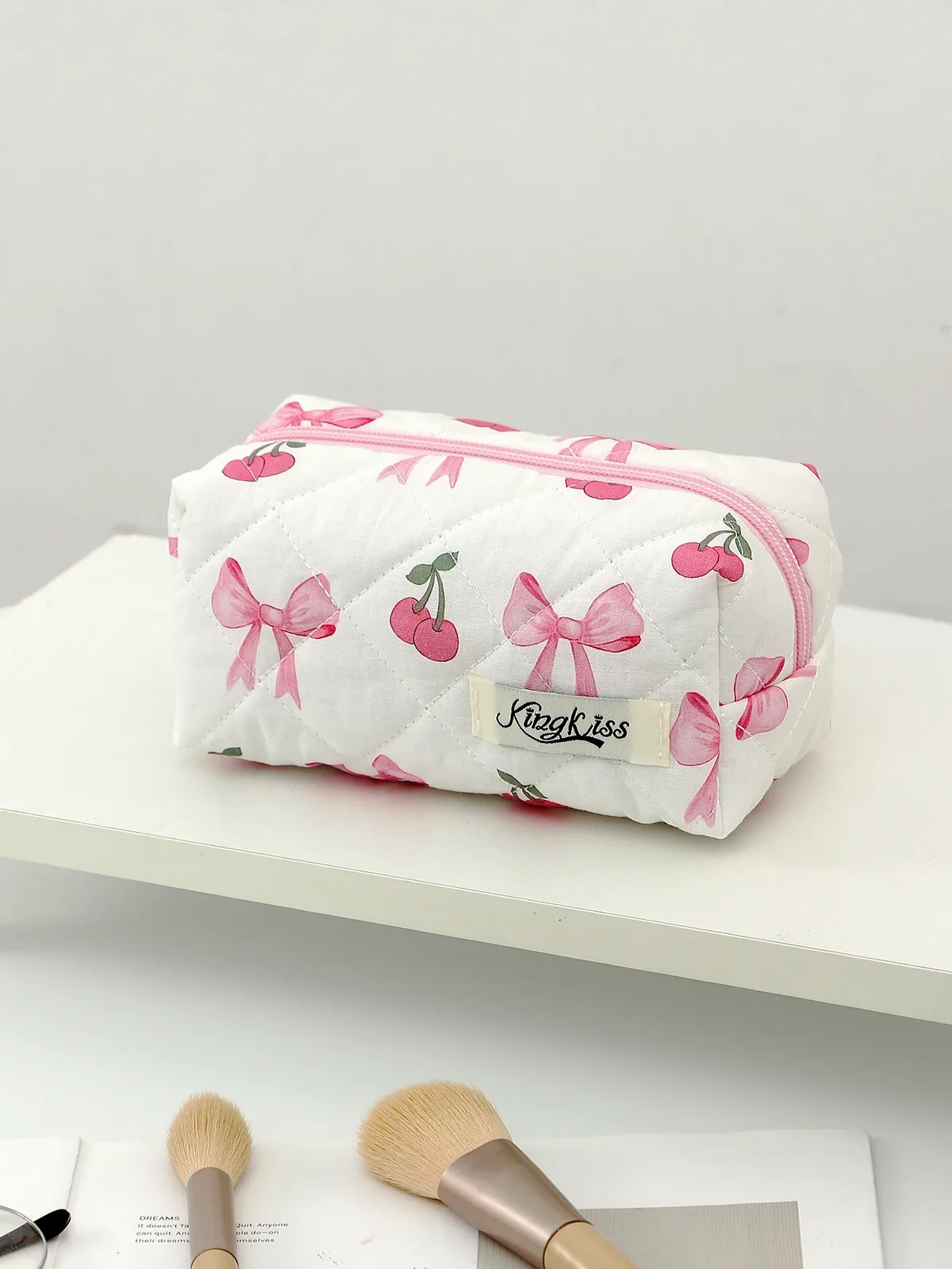 trousse polyester cerises rubans blanc rose voyage cosmétiques maquillage portable matelassée fermeture éclair multifonctionnelle