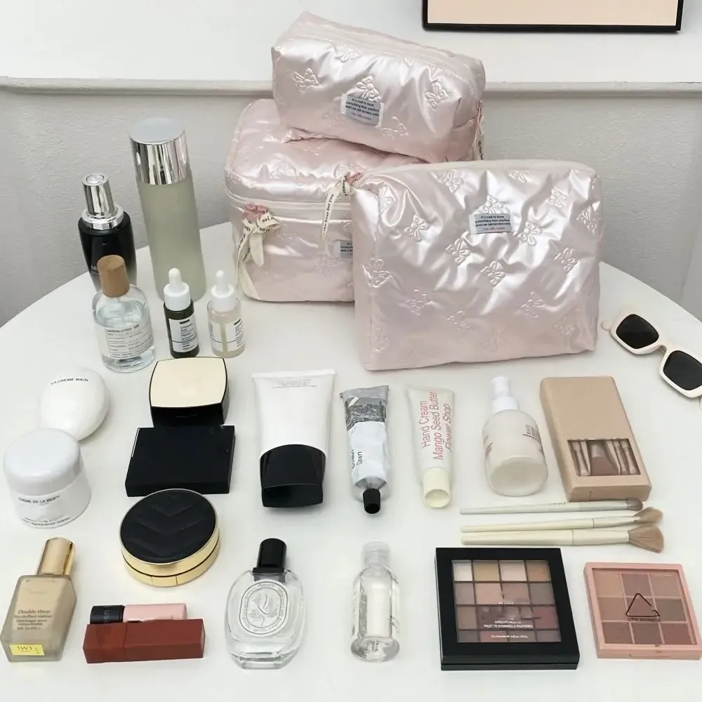 sac à cosmétiques élégant en matériau pu, compartiment de rangement, décoration d'arc, trousse de toilette, trousse de maquillage multifonction, organization quotidienne