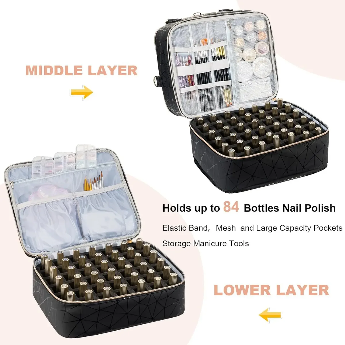 sac de rangement portable haut de gamme pour vernis à ongles, amovible, grande capacité, trois couches, peut contenir 84 flacons, avec compartiment pour lampe à ongles