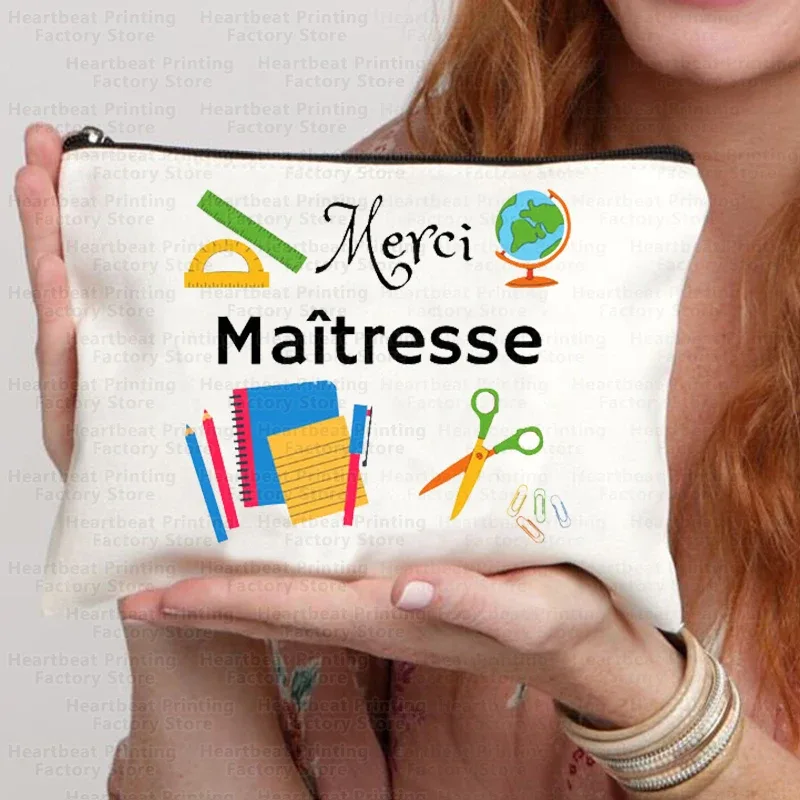 sac à cosmétiques de voyage imprimé français merci maîtresse, sac à rouge à lèvres, trousse à crayons, pochette pour femmes, cadeau de rentrée scolaire