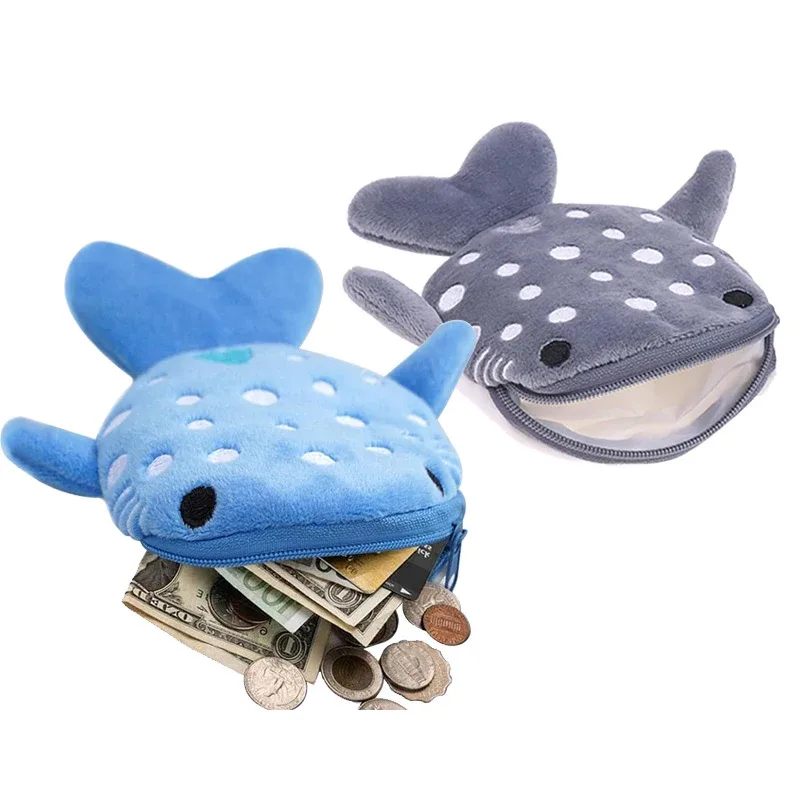 Peluche gris petites baleines porte-monnaie mignon fermeture éclair femmes porte-monnaie forme de requin filles écouteur argent sac de rangement sac à clés sac à main