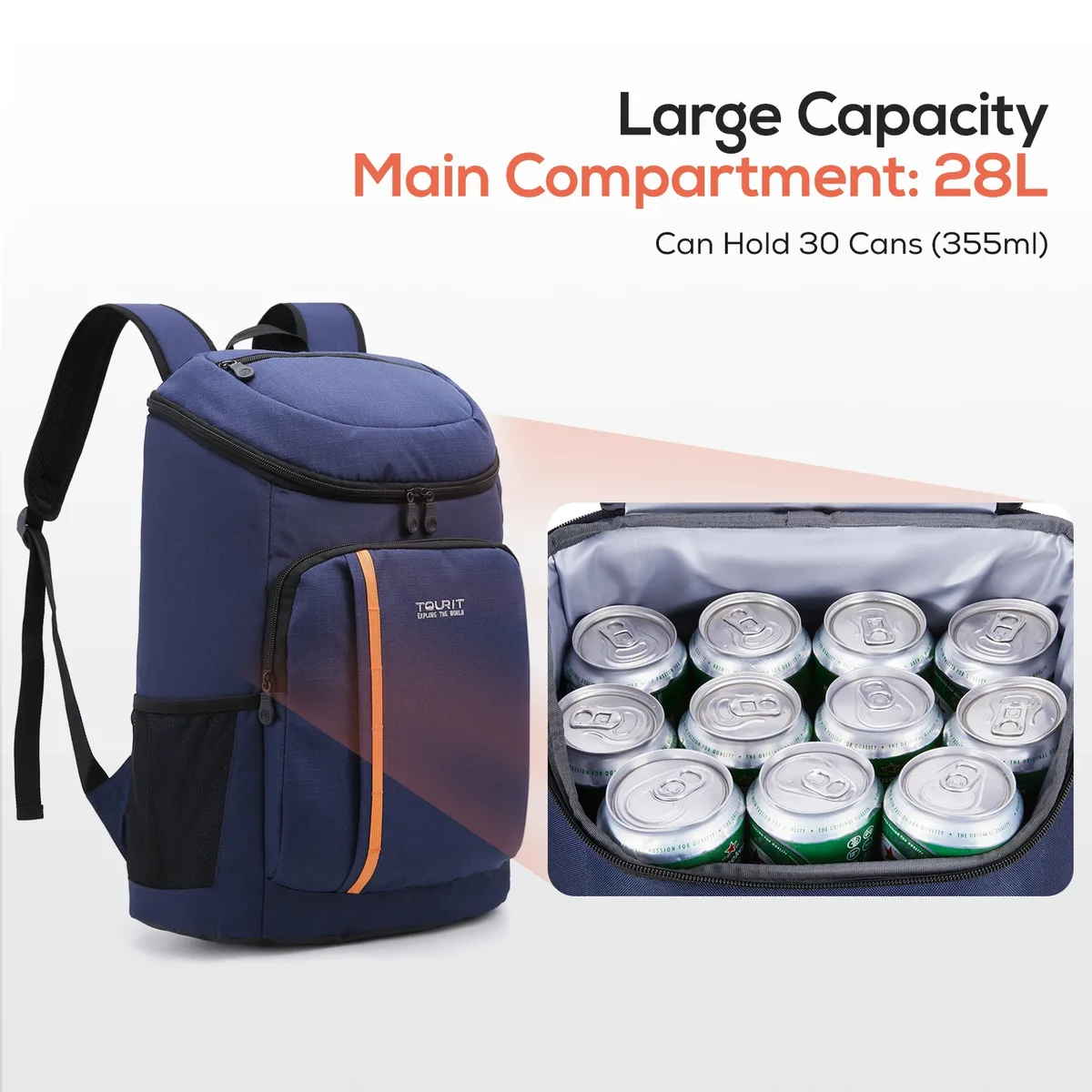 sac dos bleu marine nylon durables poches latérales zip grande ouverture motif diagonal orange bande voyage sport plage randonnée picnic