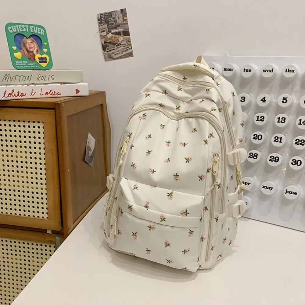 sac d'école en nylon pour étudiants, motif floral, style preppy, sac à dos pour femmes avec pendentif, grande capacité, sac à dos de voyage