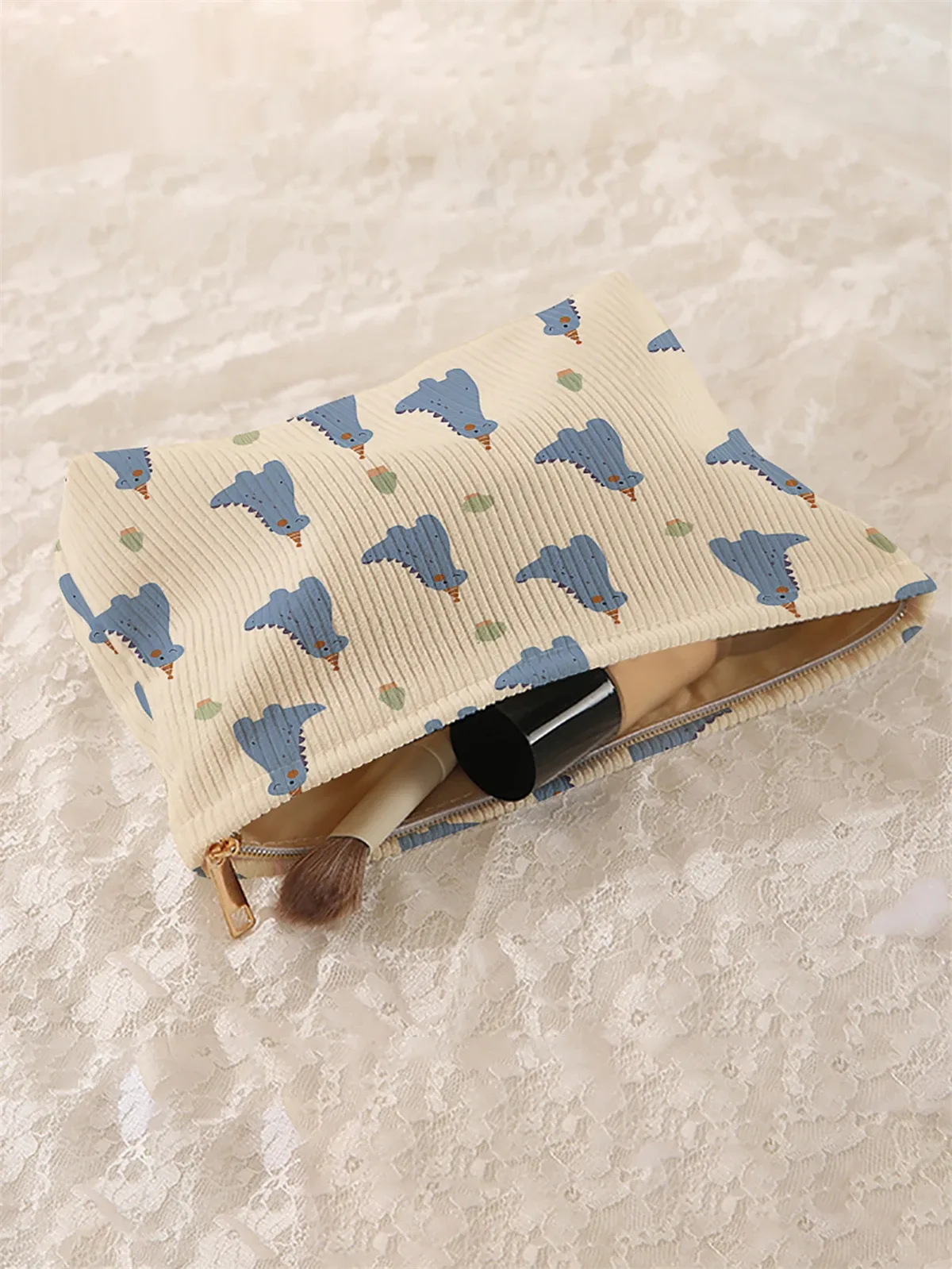 1 trousse de maquillage en velours côtelé à motifs de dinosaure de dessin animé, boîte de rangement de maquillage légère à fermeture éclair, sac multifonctionnel avec doublure