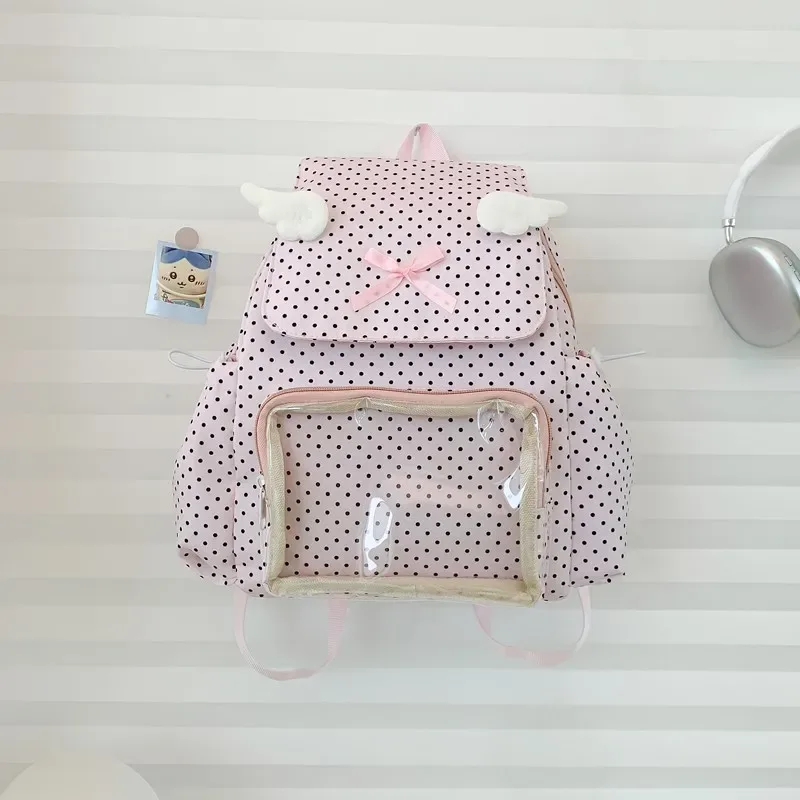 sac à dos mignon à pois, aile d'ange, nœud rose, poche transparente, sac à dos de grande capacité, sac de trajet sweet lolita pour femmes