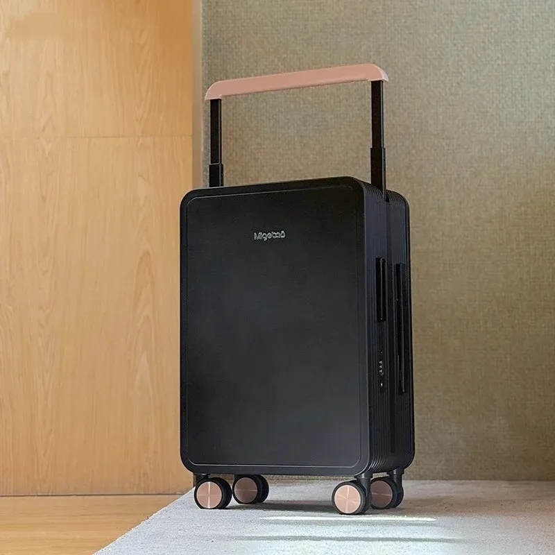 valise pc jaune noir gris système tsa serrure poignée large roues toupie compacts voyage organisés segurança modernes linhas verticale façade contraste efficace intérieur compartiments