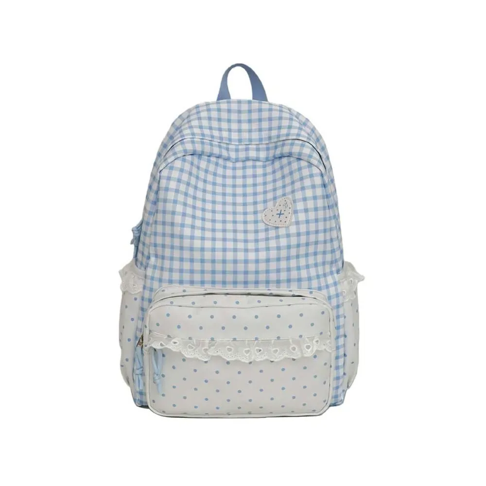 sac à dos coréen à carreaux gingham, design à volants, couleurs pastel, sac d'école en dentelle, bretelles réglables, sac à dos à pois et à carreaux pour le quotidien et les voyages