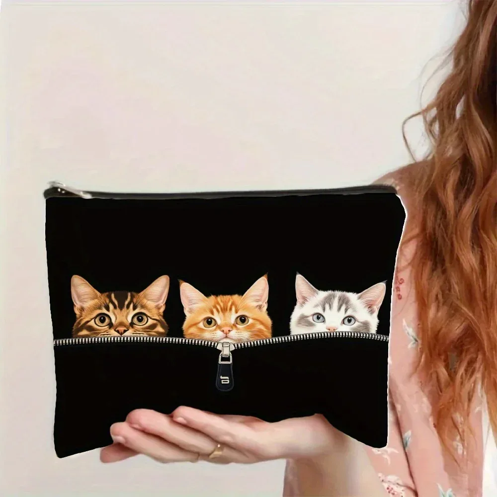 sac de maquillage à imprimé chat mignon - pochette multifonctionnelle à fermeture éclair, sac de rangement pour bijoux, petit sac de rangement de voyage à fermeture éclair parfait.