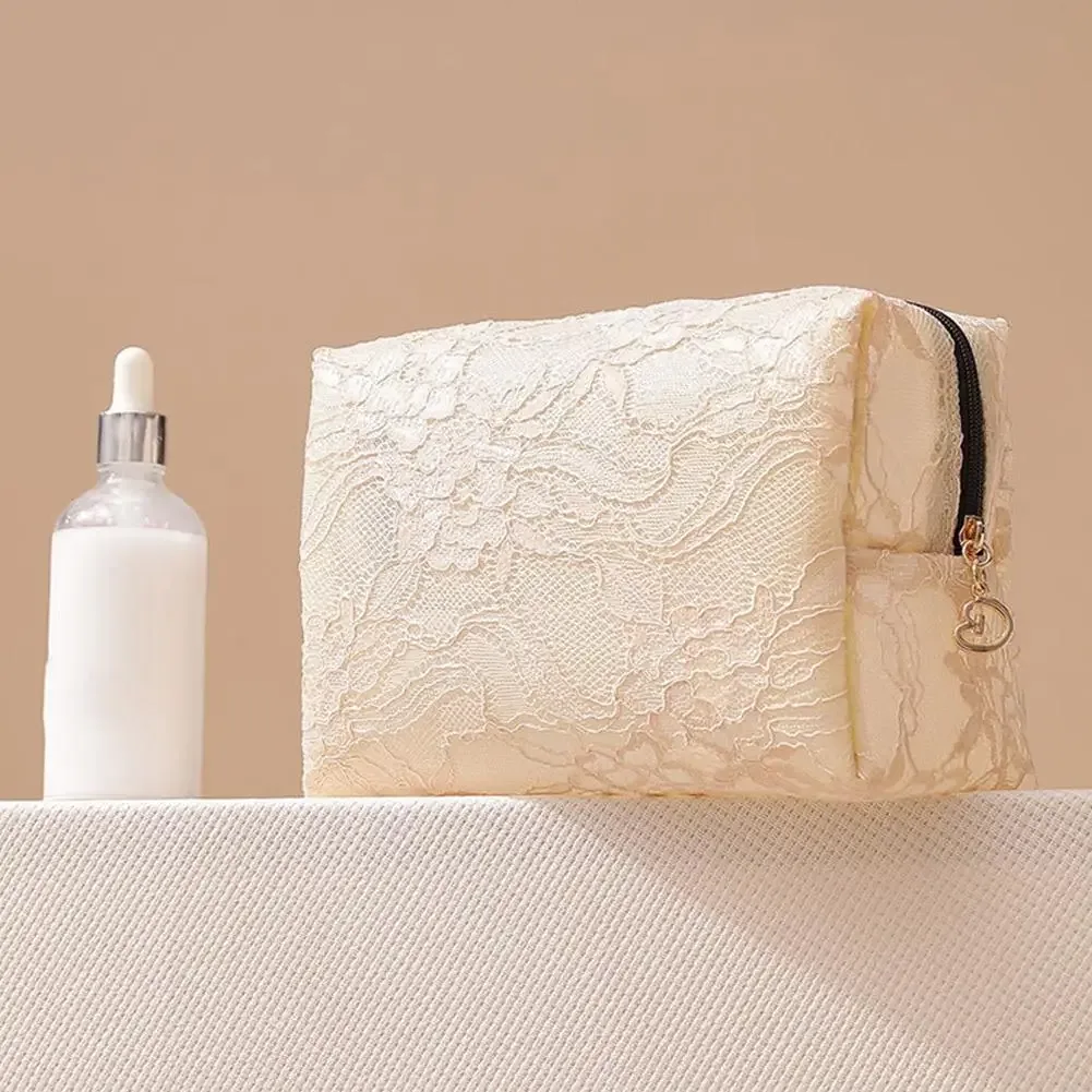 sac de maquillage en dentelle pour femmes, grande capacité, organiseur de cosmétiques et de bijoux, sac à fermeture éclair carré, trousse de toilette portable