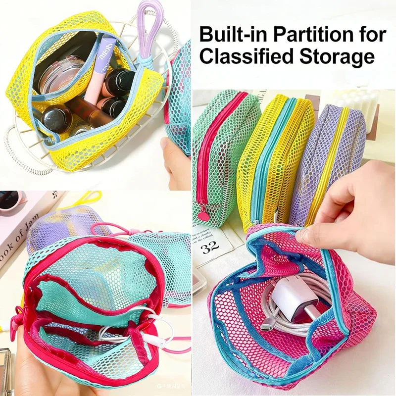 mini sac de maquillage en maille avec design dopamine perspective, sac de rangement pour crème solaire, clés, câbles, avec sangle de poignet amovible