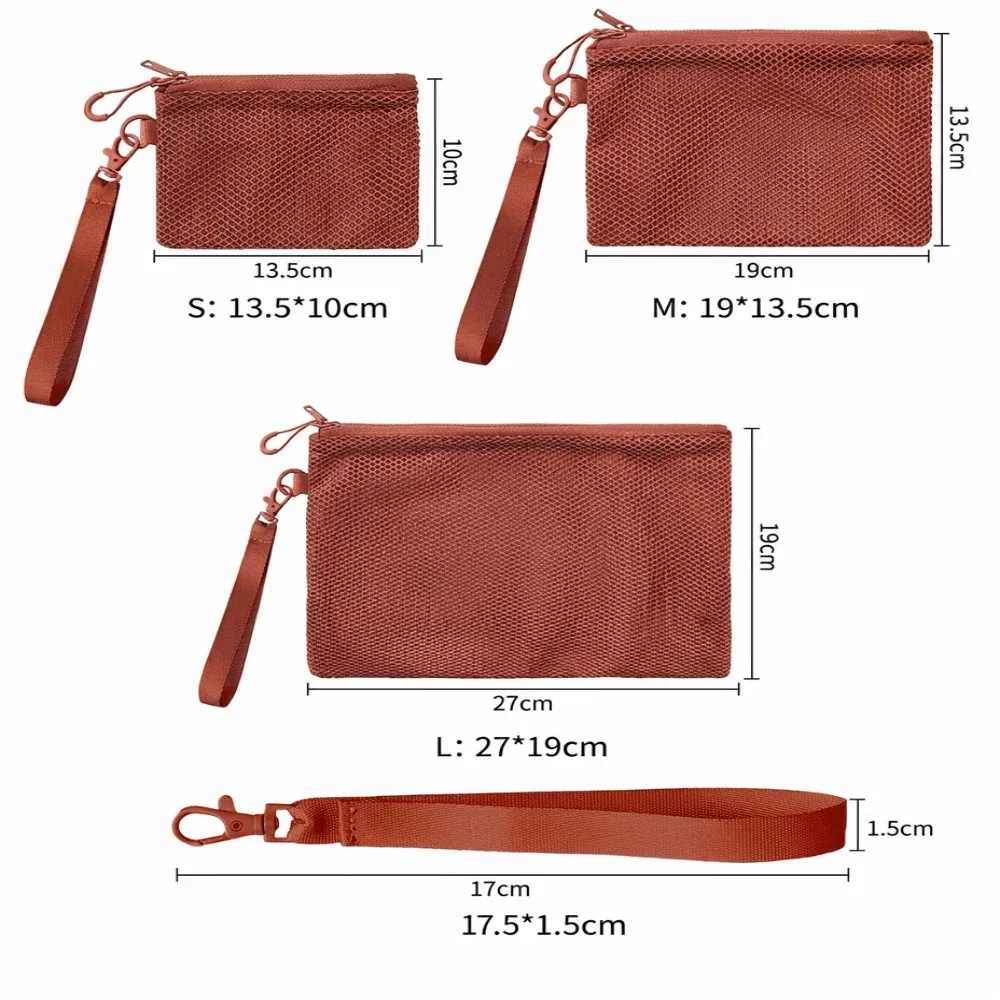 sac de rangement en maille légère avec fermeture éclair, sac à cosmétiques de couleur unie, pochette de maquillage multifonctionnelle en polyester, rangement de maquillage