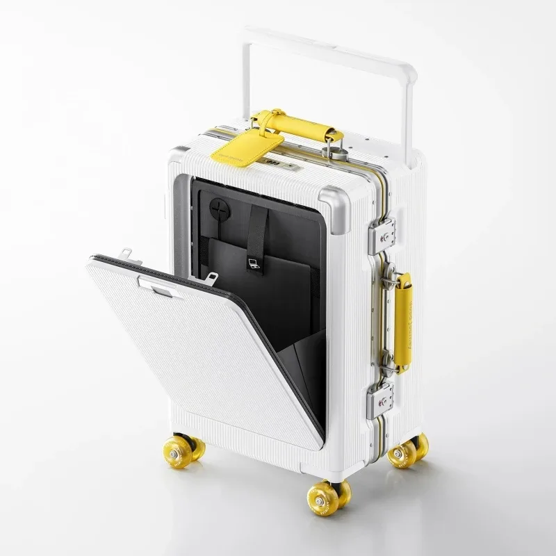 Valise à roulettes de poche à ouverture avant, cadre en aluminium, valise à roulettes à poignée large avec roues silencieuses colorées et prise de chargement USB