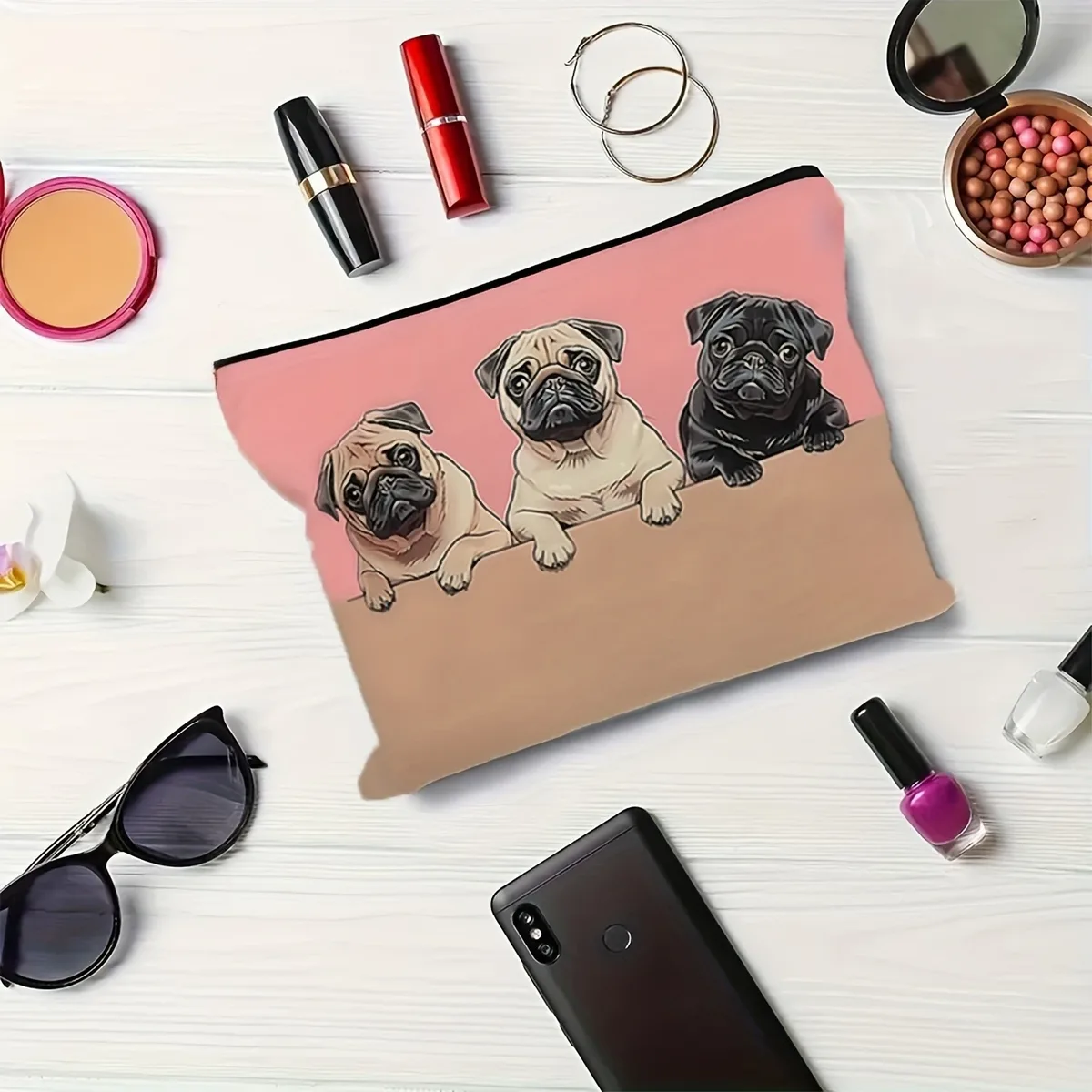 pochette voyage polyester chien mignons motif rose beige blanc noir trousse maquillage rectangulaire organisateur cosmétiques