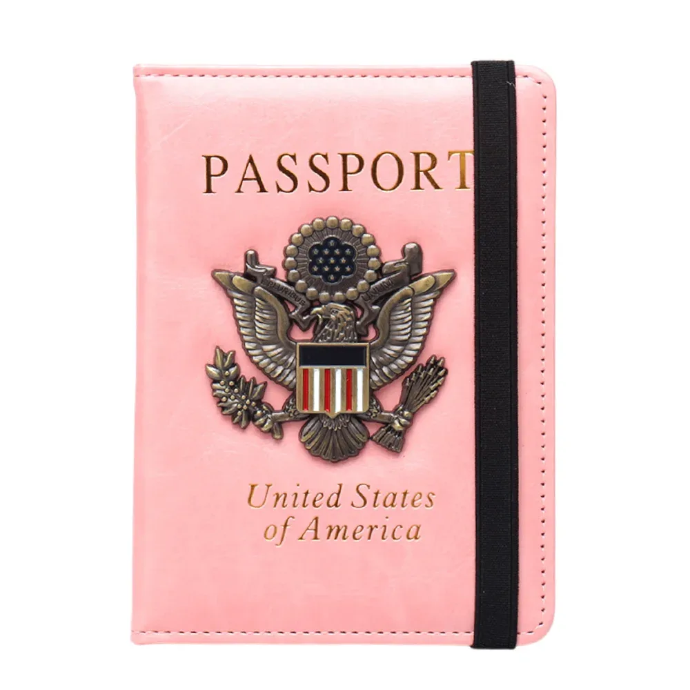 porte-passeport anti-rfid en cuir avec emblème métallique aigle américain, portefeuille de voyage, étui de protection pour documents pour hommes et femmes