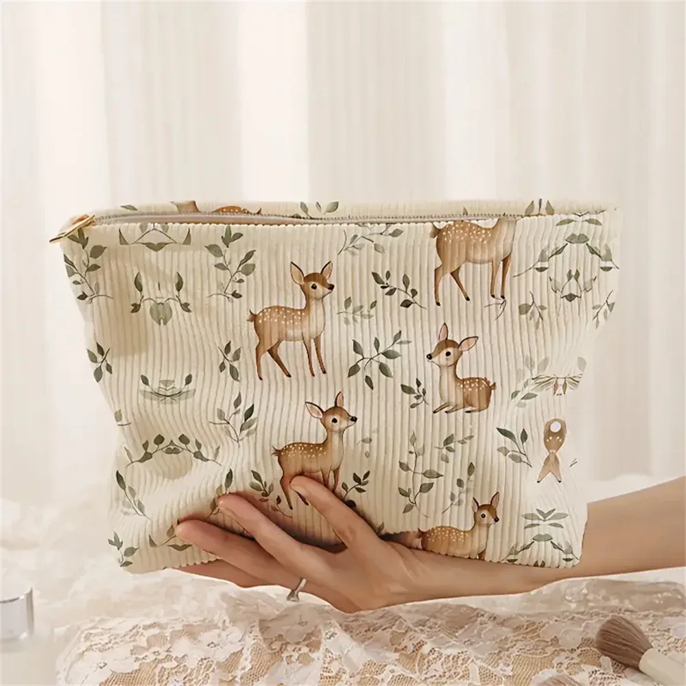 sac à cosmétiques en velours côtelé imprimé mignon, grande capacité, pochette de rangement de maquillage portable pour femmes et filles