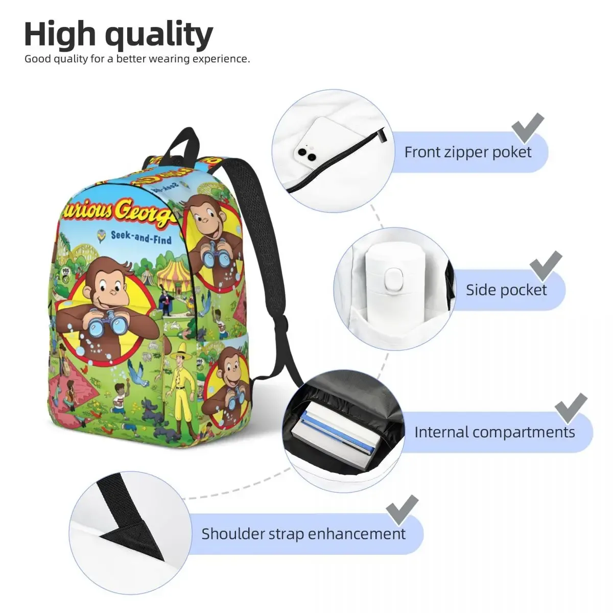 sac dos toile polyester noir motif curious george poche zip latérale compartiment intérieur usage voyage étudiant