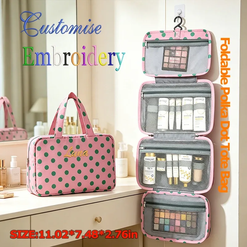Broderie personnalisée/style standard 2 options, sac à main pliable personnalisé à pois, trousse de toilette, trousse de maquillage pour la rentrée scolaire