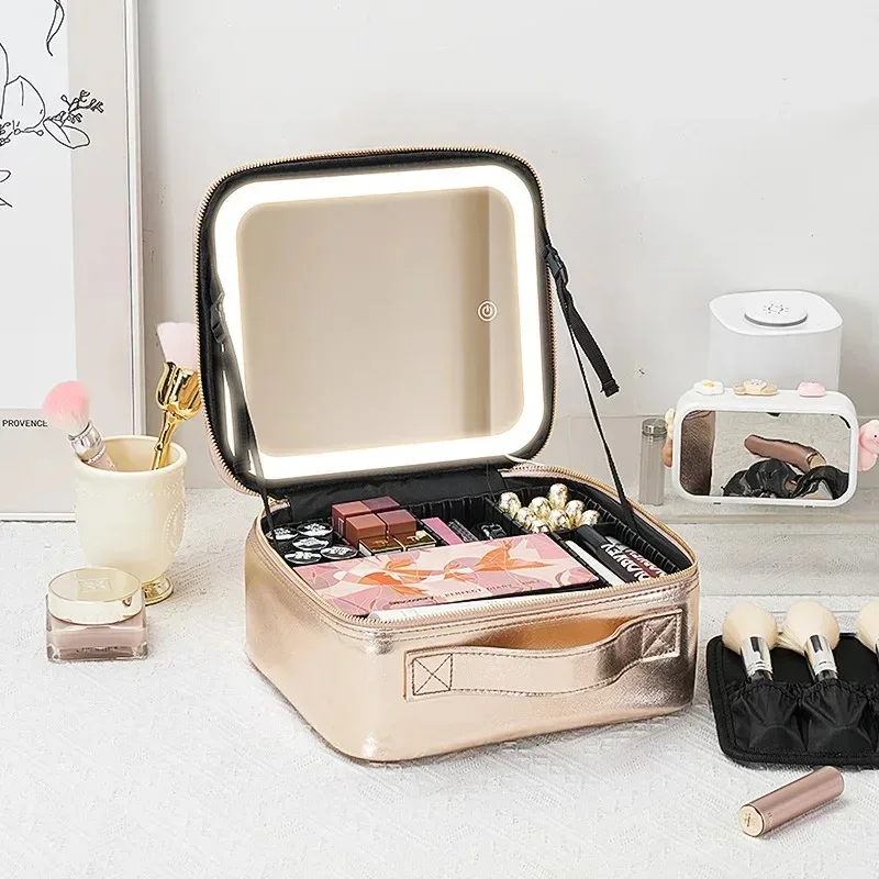 trousse de maquillage grande capacité avec miroir et lumière led, sac de retouche portable professionnel, style ins, couleur unie, autres matériaux