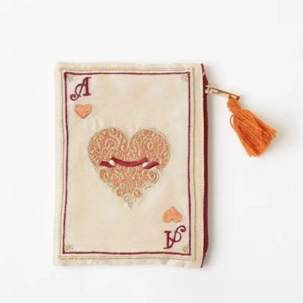 nouvelle trousse à cosmétiques brodée à la main, style ethnique, sac portable pour monnaie et cartes, motif rétro de cartes à jouer, sac de rangement à franges