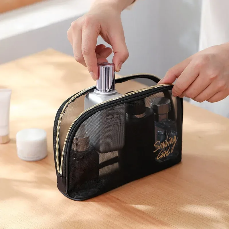 sac à cosmétiques de voyage pour femmes, grande capacité, étui de maquillage en maille noire, pochette de rangement, trousse de toilette décontractée à fermeture éclair, sacs de lavage de maquillage