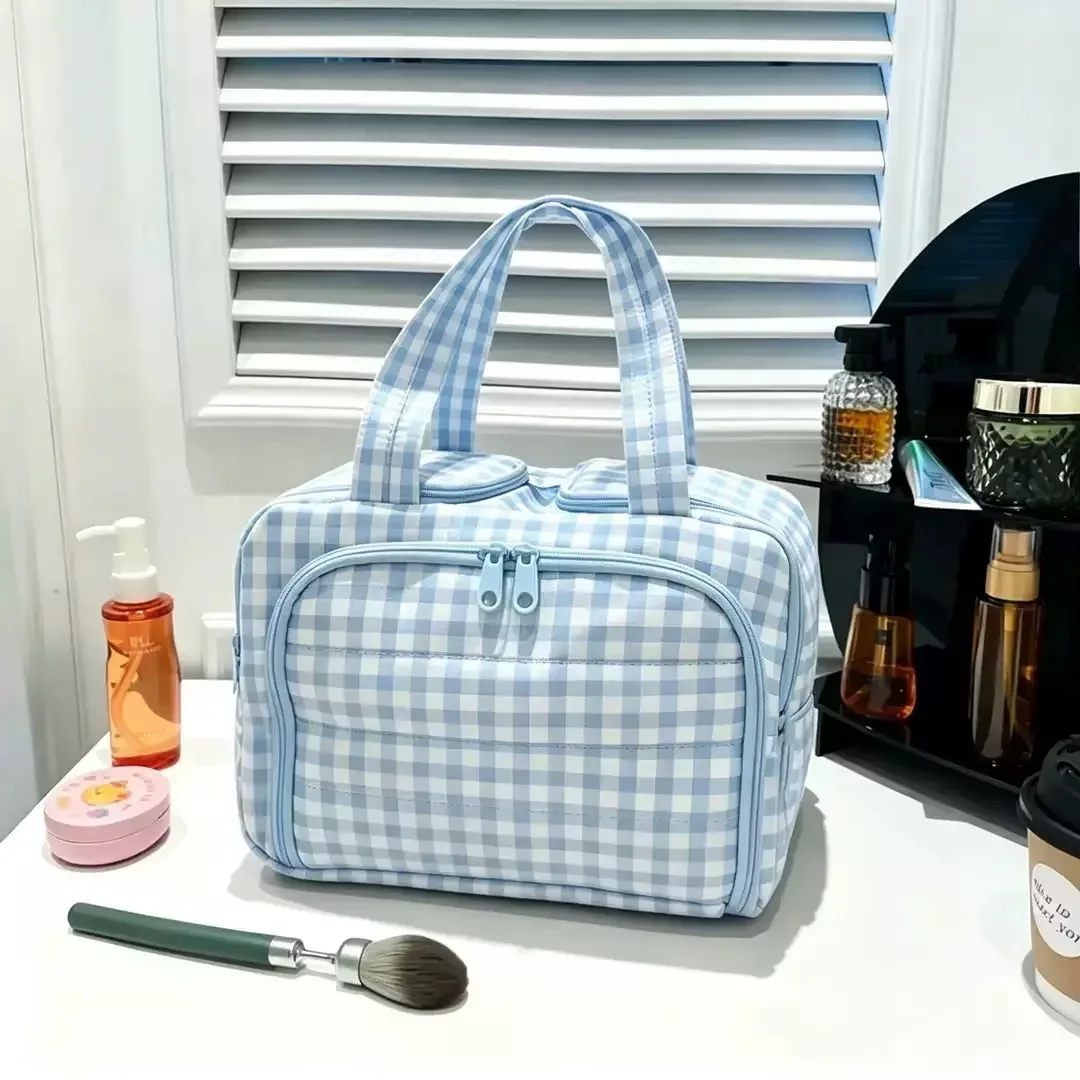grande trousse de maquillage de voyage 180 ° organisateur de toilette à large ouverture, trousse à cosmétiques rembourrée résistante à l'eau avec poignée pour bouteilles pleines grand format