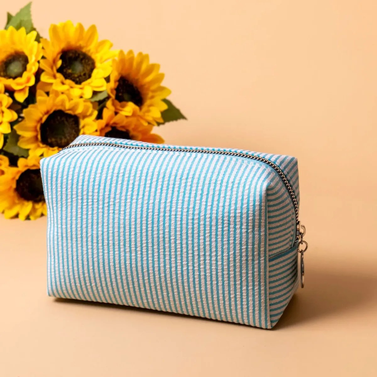 grande trousse de maquillage pour femmes en soie bulle à rayures roses, sac de rangement pour articles de toilette, sac diy pour collations et serviettes hygiéniques