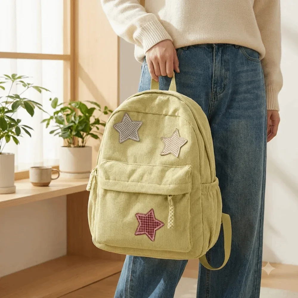 sac à dos portable en velours côtelé, tissu doux, grande capacité, sac à dos scolaire léger, sac de voyage à fermeture éclair.