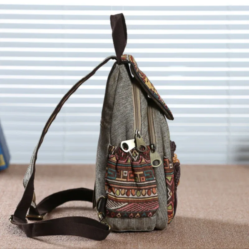 sac à dos rétro en toile brodée pour femmes, bretelles souples, sac à dos à rabat ethnique, cartable léger, sac de voyage pour filles