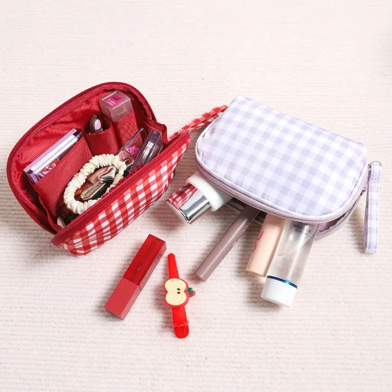 sac à main mignon à carreaux rouges et violets pour femmes, trousse de maquillage portable de voyage, petite et grande trousse de toilette cosmétique avec fermeture éclair