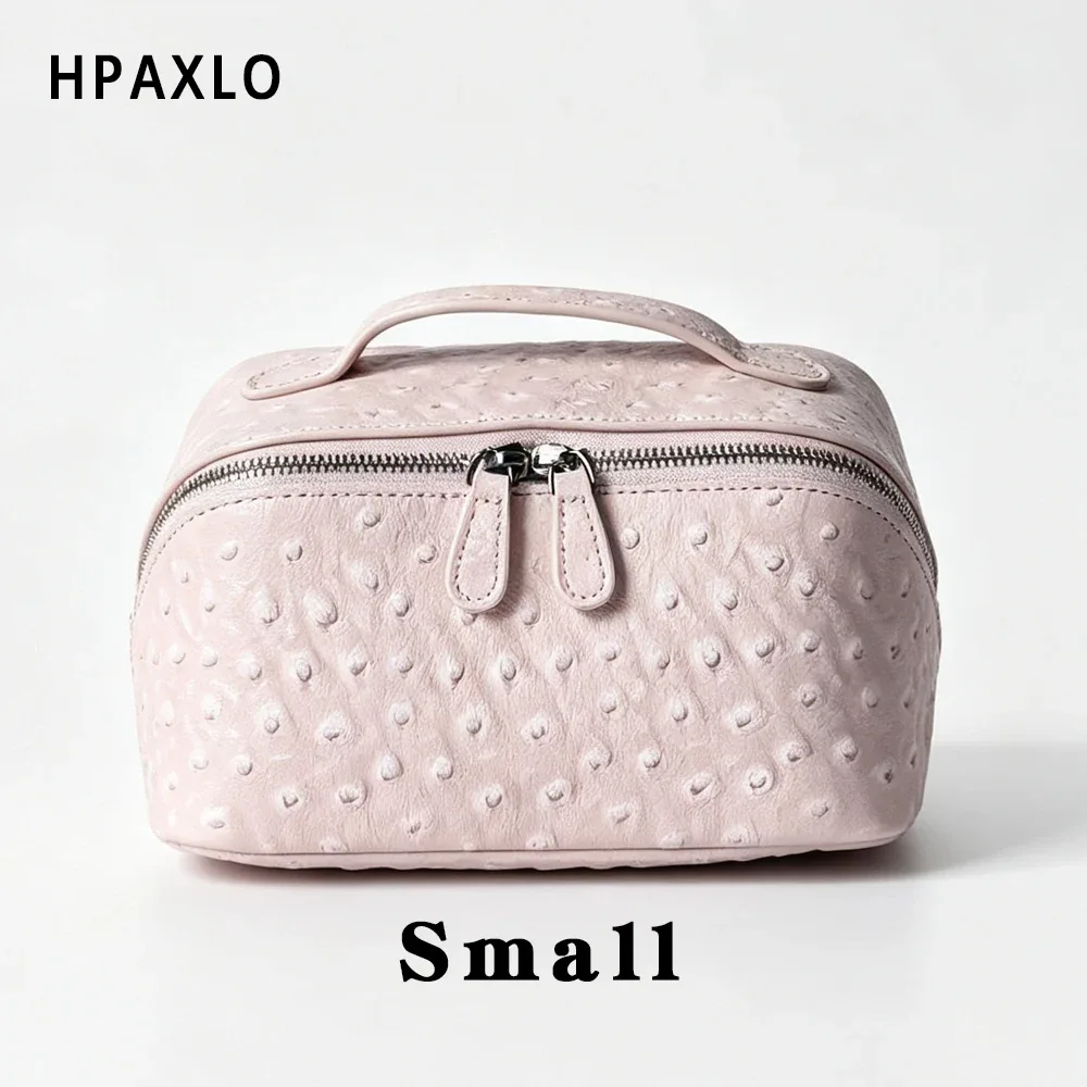 nouvelle trousse de maquillage en cuir d'autruche, organisateur de cosmétiques portable de voyage, rose neige, pour femmes, sac à main, trousse de toilette, pochette à cosmétiques