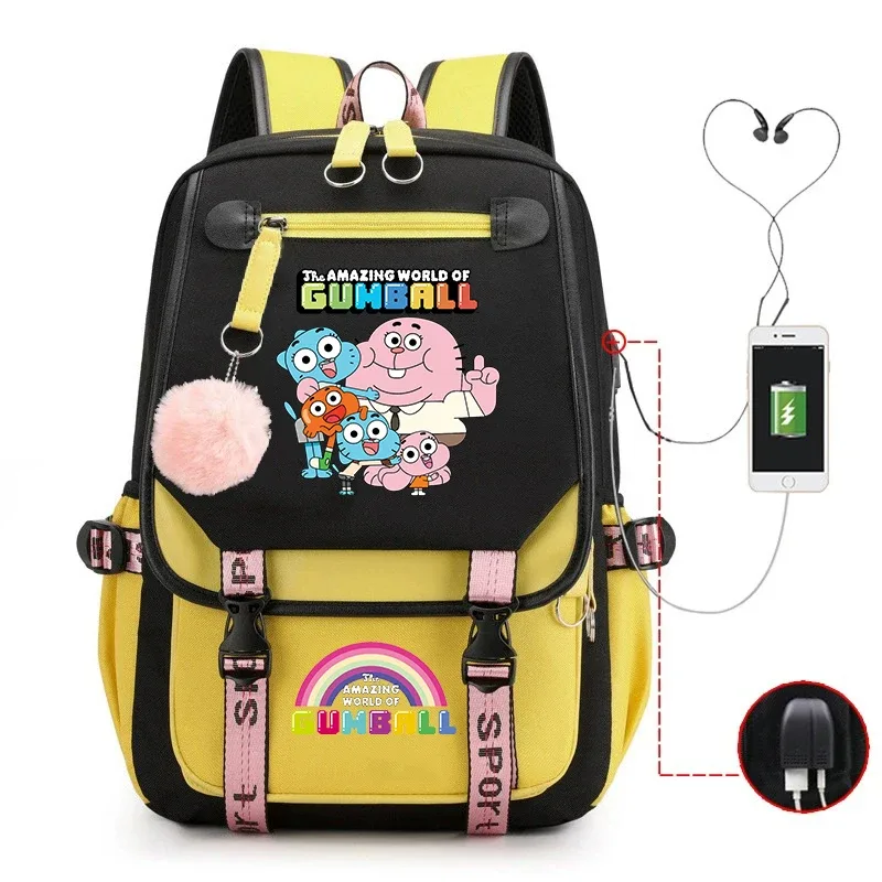 sacs d'école pour adolescentes, sac à dos imprimé the amazing world of gumball, sac à dos de voyage de grande capacité avec port usb