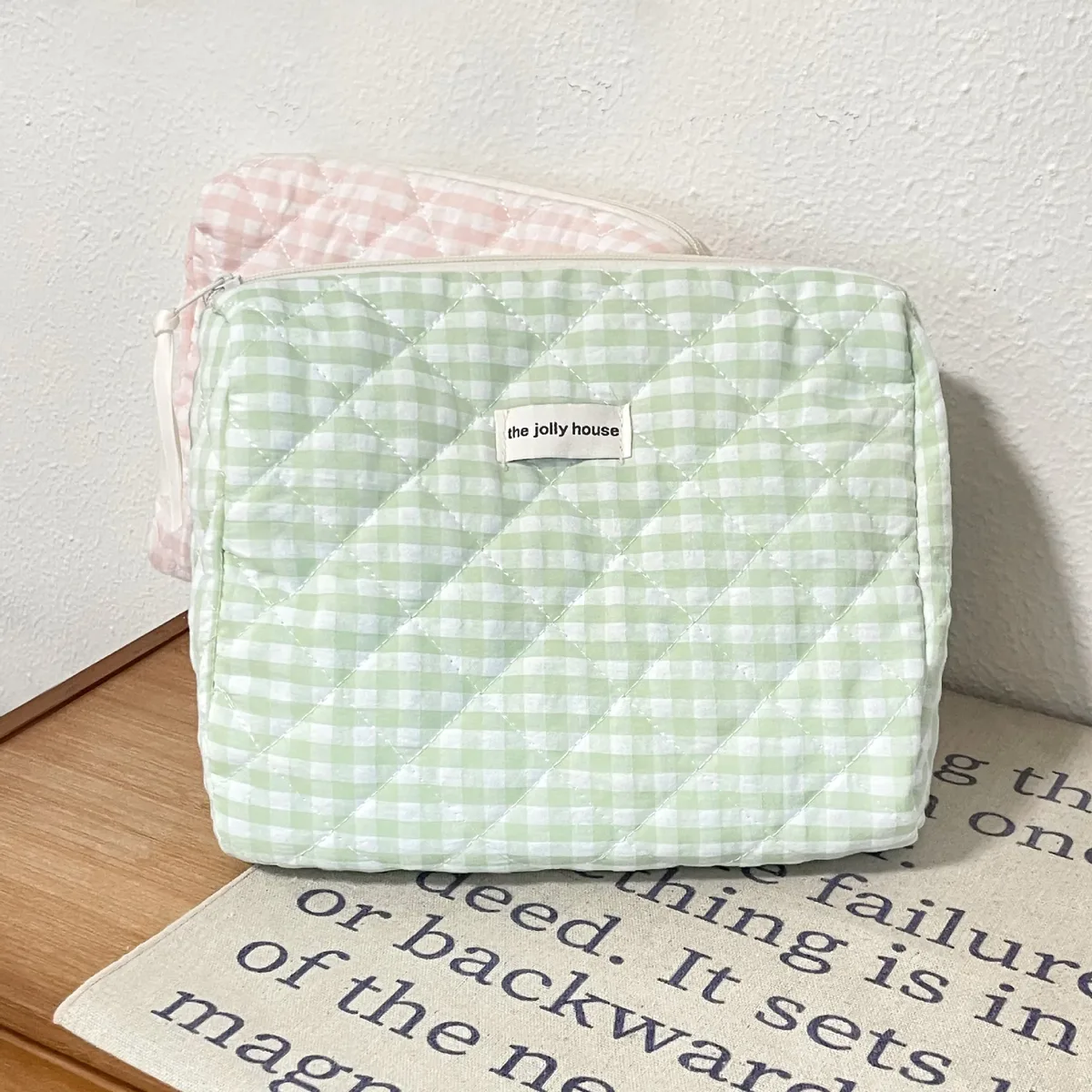 trousse de maquillage matelassée en coton à carreaux rose et vert grande capacité style coréen mignon portable sac de rangement cosmétique et trousse de toilette