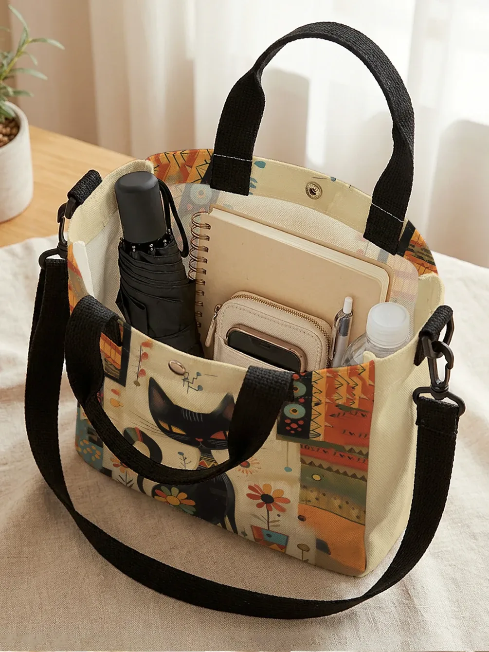 sac fourre-tout avec imprimé artistique de chat noir géométrique abstrait, sac à bandoulière avec sangle détachable pour femmes, pour les courses quotidiennes