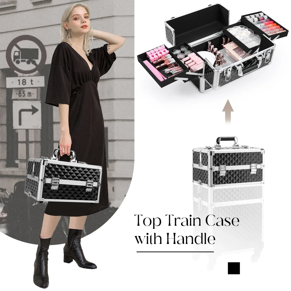 valise de rangement roulante à 4 plateaux avec poignée télescopique, valise de maquillage 3-en-1 à cadre en aluminium, mallette de maquillage sur roulettes, chariot de maquillage portable, valise de barbier, organisateur d'outils professionnels pour vernis à ongles, valise de rangement