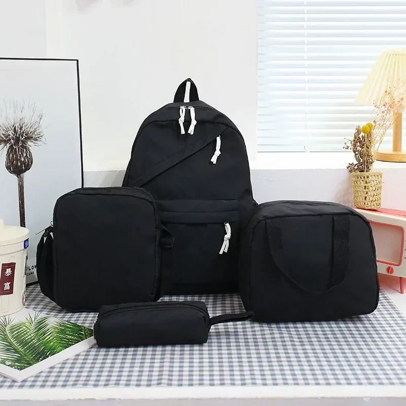 mode décontractée 4 pièces ensemble retour à l'école grande capacité en nylon couleur unie sac à dos & sac à main et trousse à crayons sac à dos pour l'école