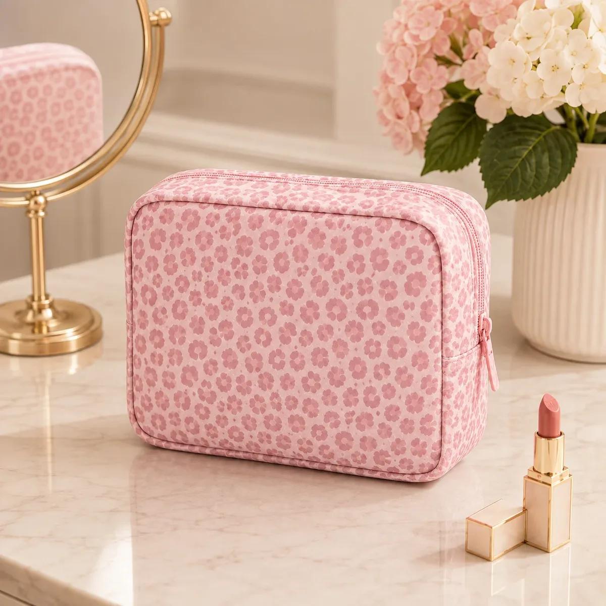 trousse à cosmétiques rose à motif léopard, trousse de maquillage souple à fermeture éclair, organiseur de toilette de voyage, pochette de beauté, étui de rangement pour cosmétiques pour femmes