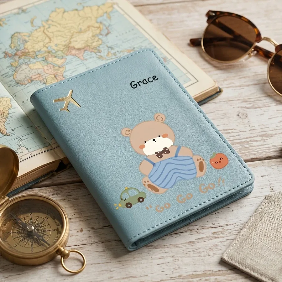 porte-passeport personnalisé avec housse de protection - nom/texte personnalisé, motif ours de dessin animé mignon