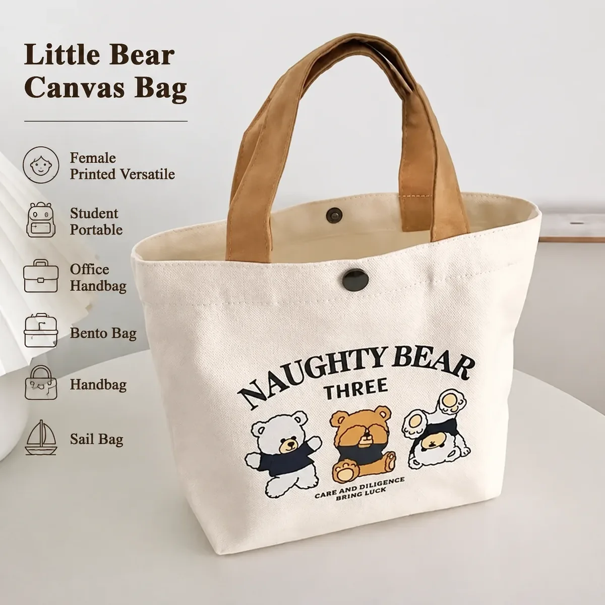 sac en toile avec imprimé ours, sac à main polyvalent pour femme, idéal pour étudiantes, bureau, sac à bento, sac à main, sac de voyage, cadeau idéal.