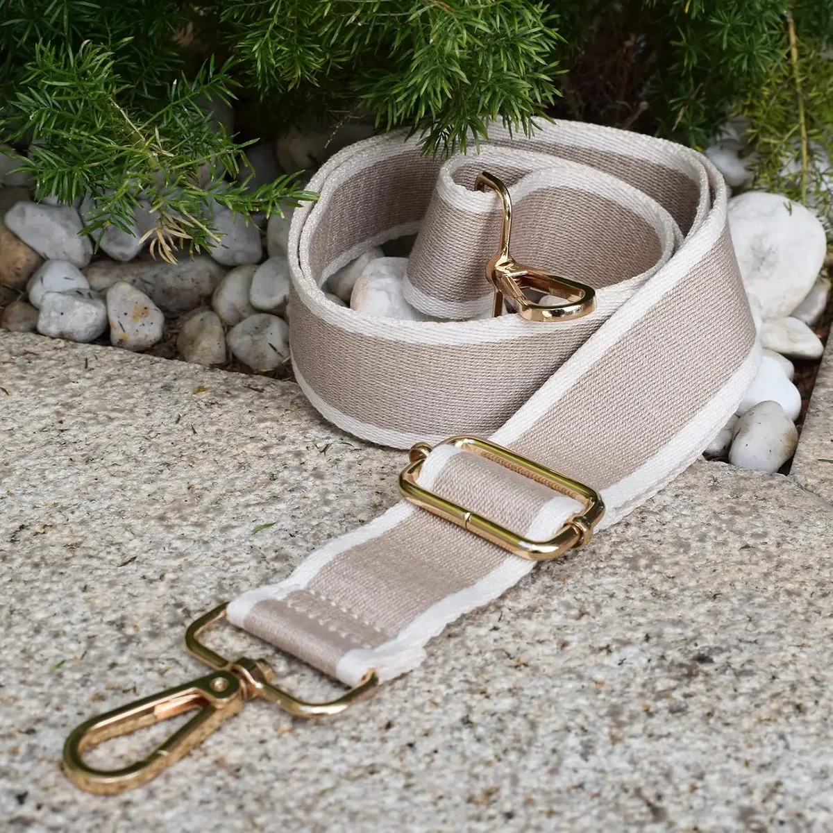 ceinture sac tissu rayures beige crème boucles dorées crochet voyage remplacement universel sacs mains dos bagages réglable mousqueton