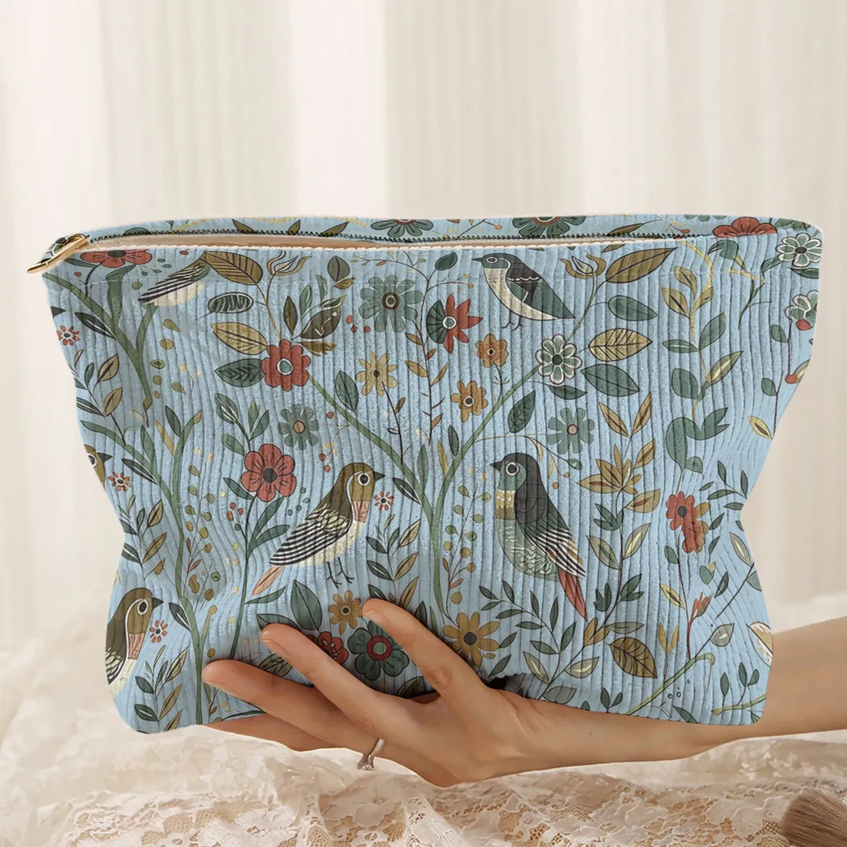 1 pièce, trousse de maquillage en velours côtelé avec motif d'oiseaux et de branches, légère et multifonctionnelle pour le rangement des cosmétiques.