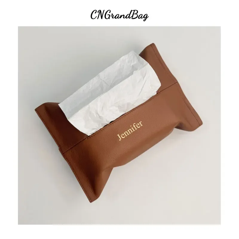 trousse toilette cuir vachette pleine fleur marron fixation ceinture sécurité voiture rangement mouchoirs coulissant