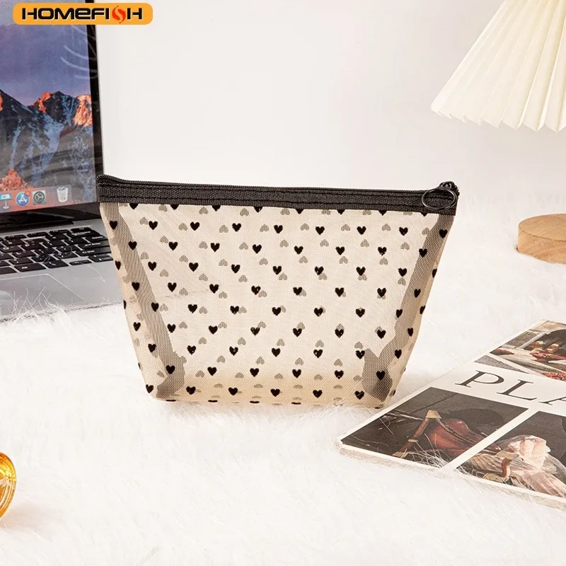 homefish trousse de toilette transparente en maille à motif cœur, pochette de rangement multifonctionnelle portable pour femmes, pour le rangement des rouges à lèvres