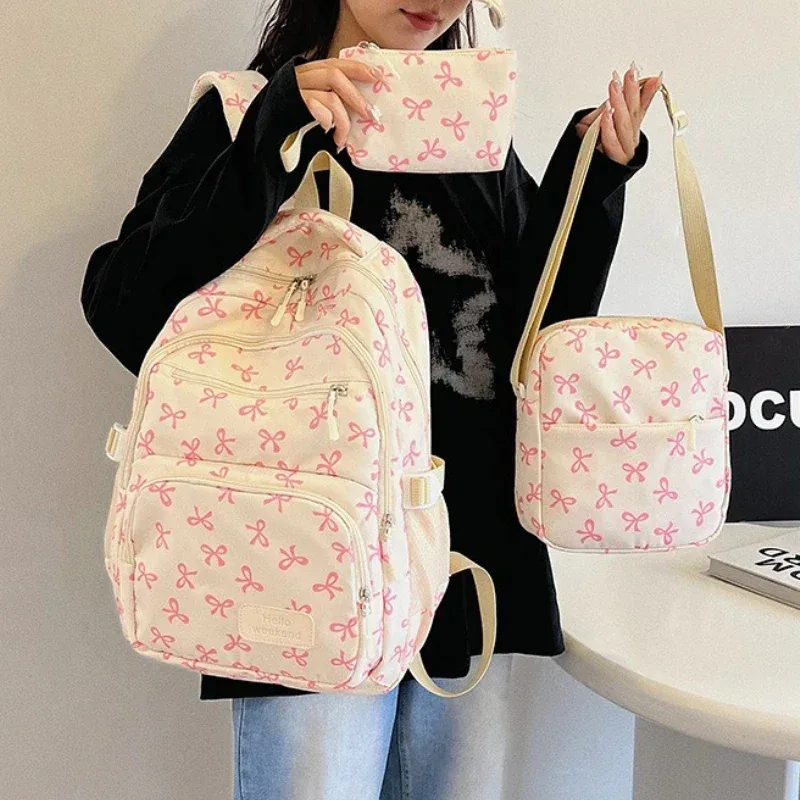 sac à dos tendance coréen pour femmes, imprimé nœud, léger, simple, pour étudiants, sac d'école, sangle réglable, sac à dos de voyage, 3 pièces/ensemble