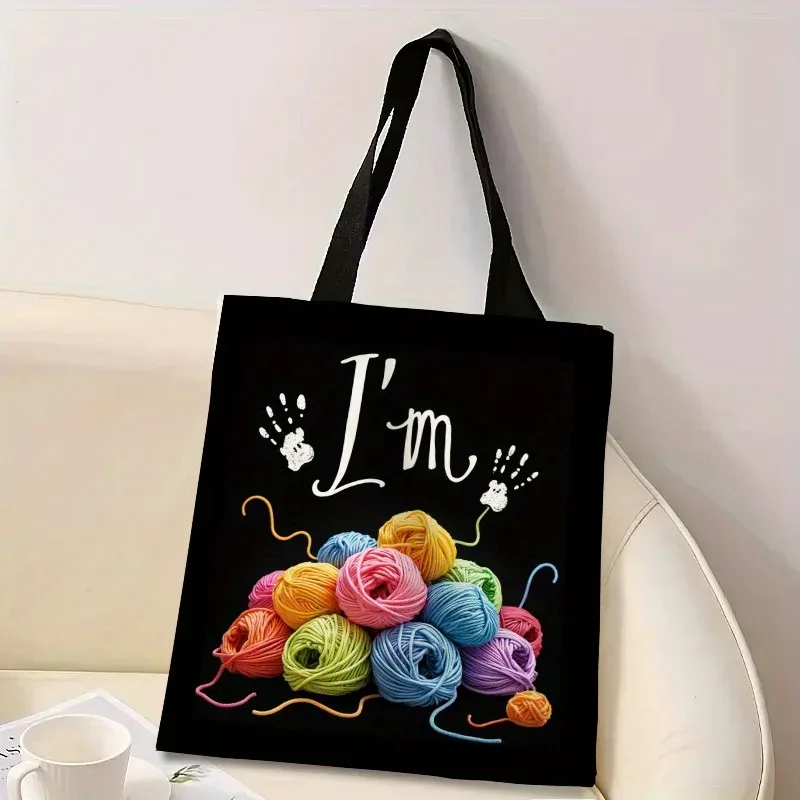 sac fourre-tout artisanal en crochet pour femmes, design imprimé 2d avec boules de fil, aiguilles et outils, sac à bandoulière décontracté en polyester durable