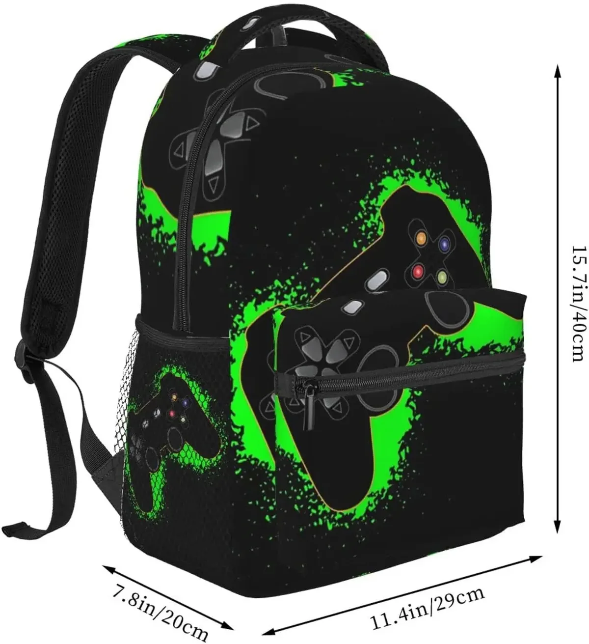 sac à dos décontracté avec poches pour ordinateur, sac à dos pour le travail et les affaires, vert, noir, contrôleur de jeu, contour orange