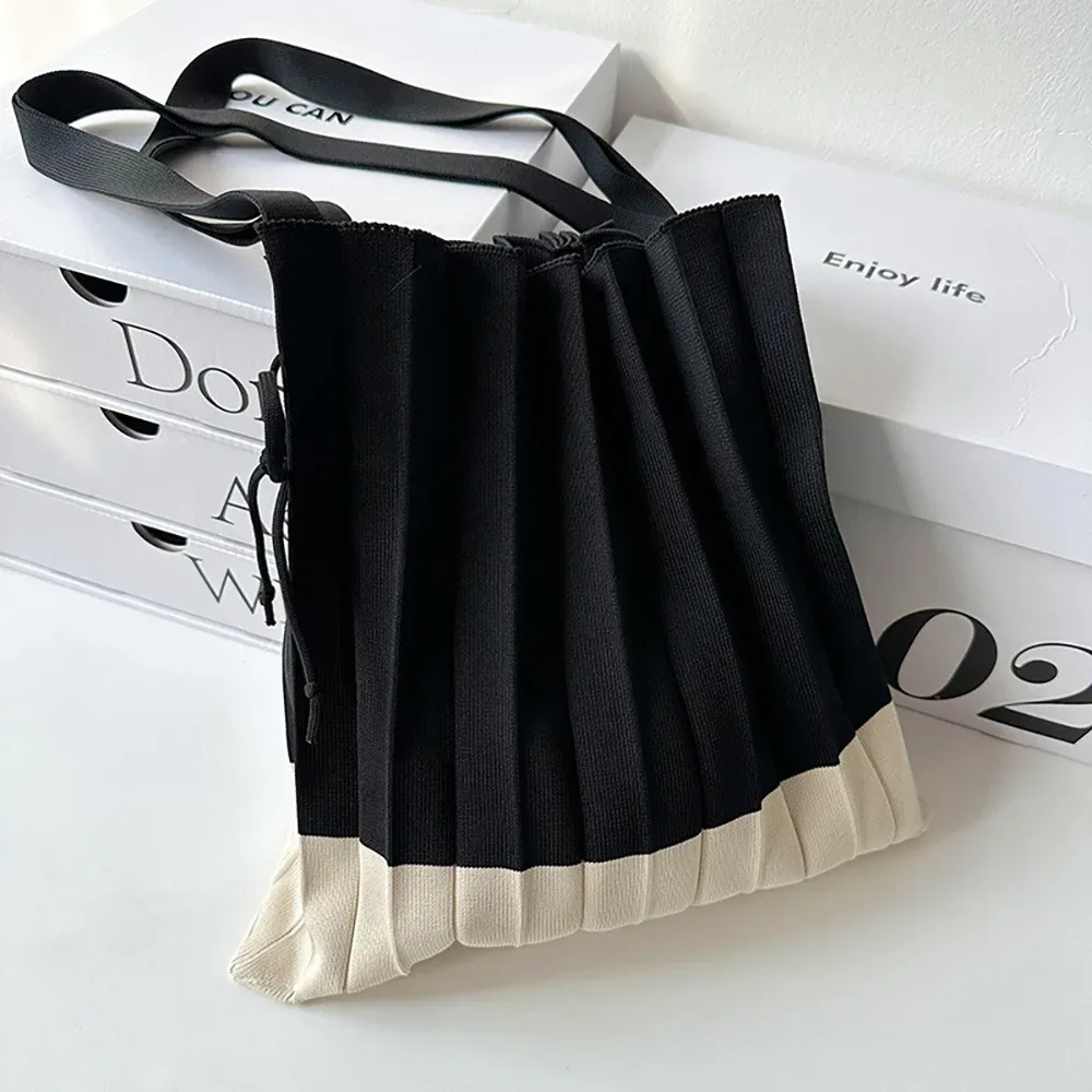 sac à main pliable en tricot, sac de shopping, pochette d'épaule, sac écologique pliable, sac de voyage à grande capacité, couleur contrastée, plissé.